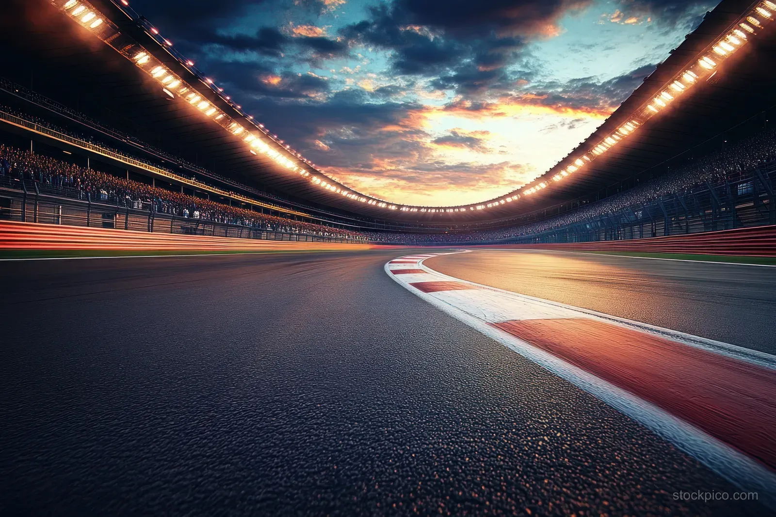 An empty race track curve at sunset with illuminated grandstands under a cloudy sky.