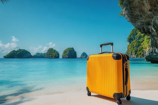 A yellow suitcase stands on white sand beside turquoise water with rocky islands under a blue sky.