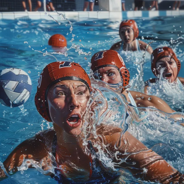 Water polo players in a pool battle for the ball during a qualifying match in New Zealand.