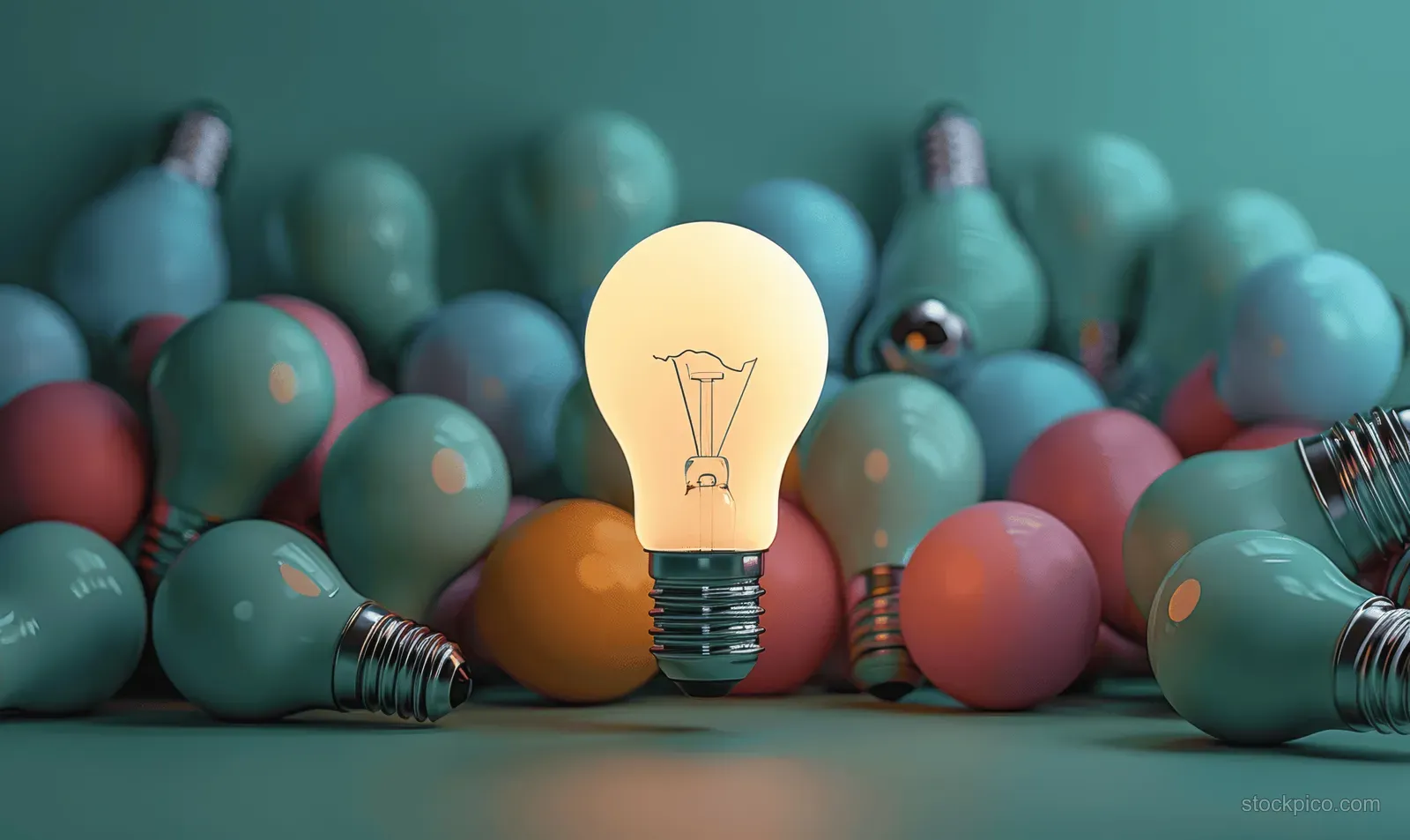 A glowing lightbulb stands in front of darker bulbs on a pastel teal background, suggesting a standout idea.