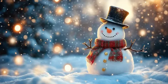 A smiling snowman with a carrot nose, black top hat, and red plaid scarf stands in snowy falling light bokeh.