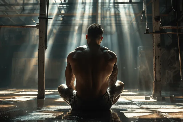 一名纹身肌肉男在工业仓库中盘腿冥想，阳光穿过梁架洒落。