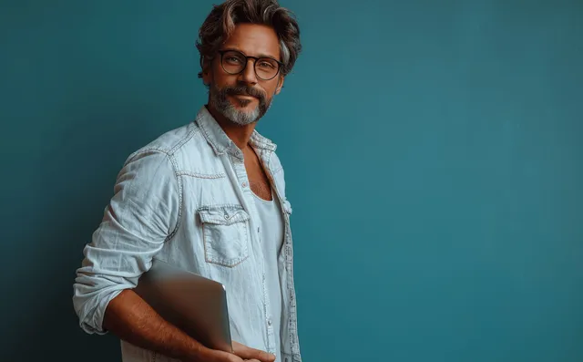 Smiling man in glasses using laptop in studio with teal-blue backdrop