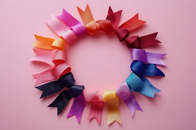 Colorful awareness ribbons arranged into a heart-like wreath on a soft pink background.