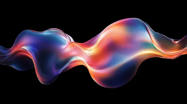 Iridescent fluid waves and translucent 3D forms create a vibrant abstract background with prismatic refraction and dark contrasts.