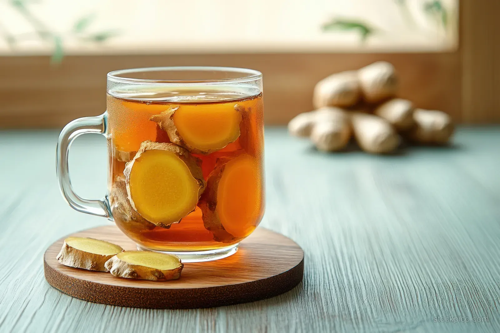 A clear glass cup of ginger tea with ginger slices on a wooden coaster sits on a light blue table.