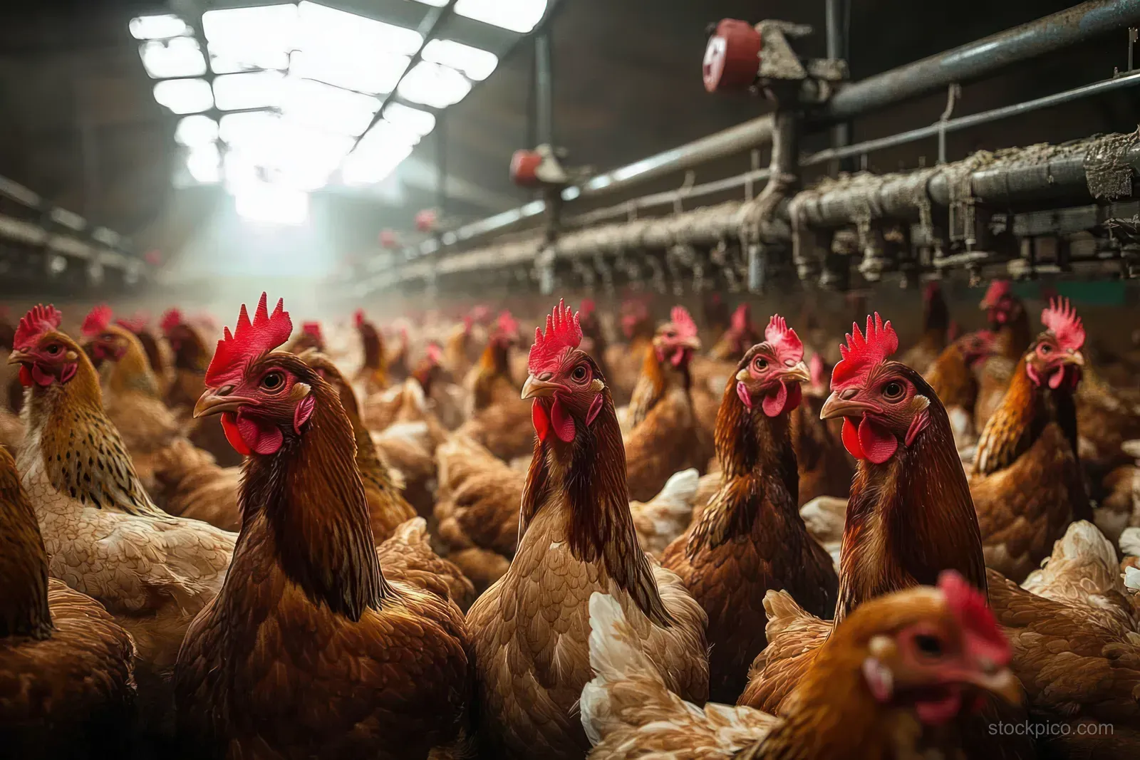 Brown and white hens crowd together inside an indoor poultry house under bright artificial lights and ventilation ducts.
