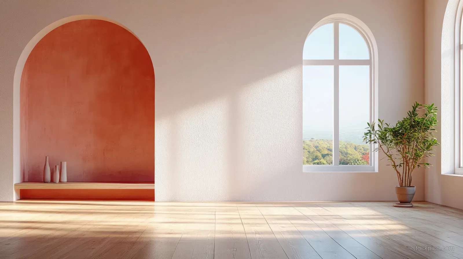 Sunlit minimalist room with a peach arch wall, wooden floor, and a window with plants near the right side.