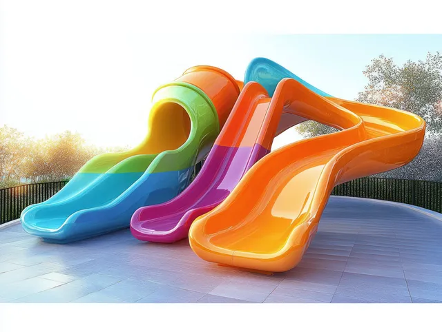 Three twisting playground slides in orange, blue, green, and purple stand on a tiled outdoor deck by trees.