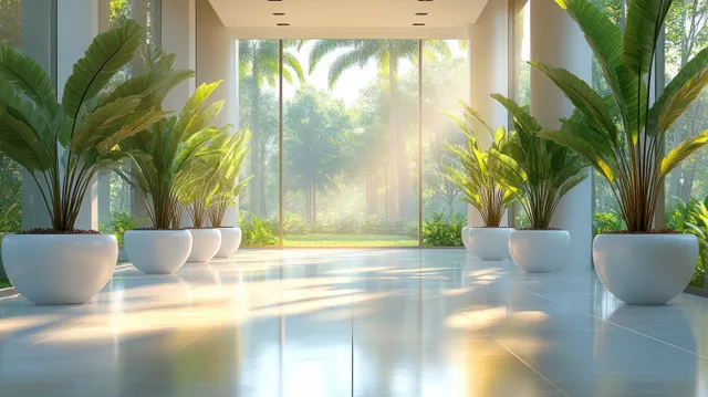 Sunlit hallway interior with large windows and white planters holding potted palms along a polished stone floor.