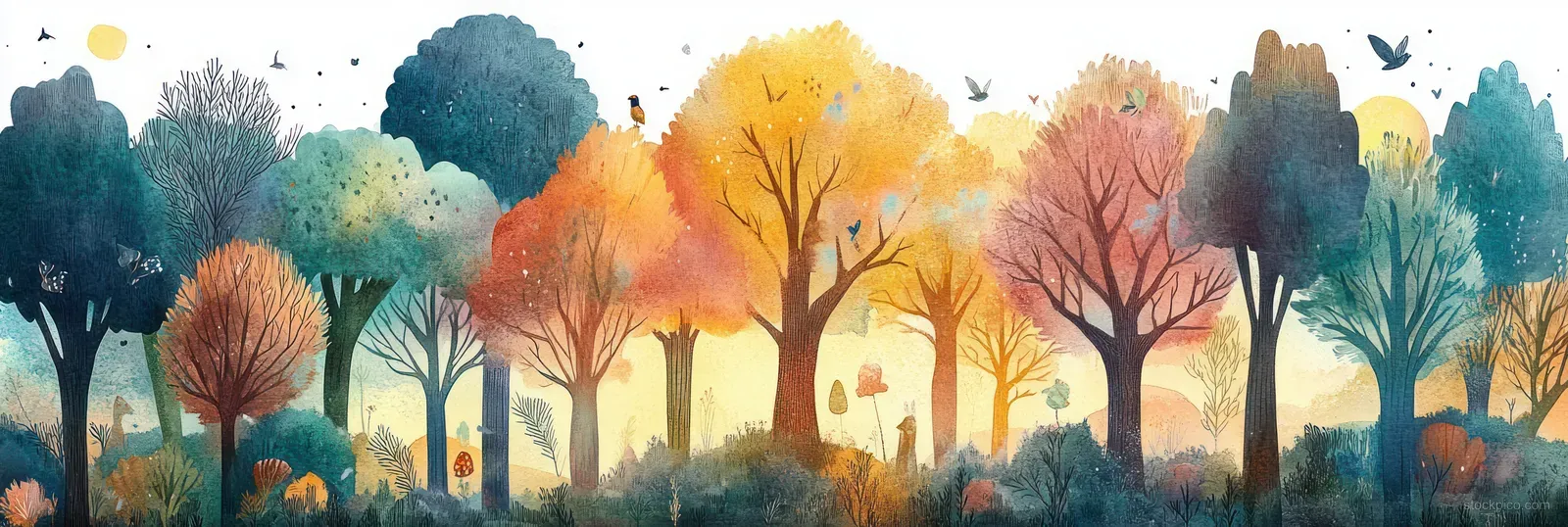 Watercolor forest landscape panorama with layered trees and soft mist, featuring warm autumn foliage colors.