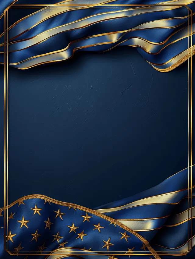 Deep blue banner with gold wavy stripes and star decorations framed by ornate gilded borders.