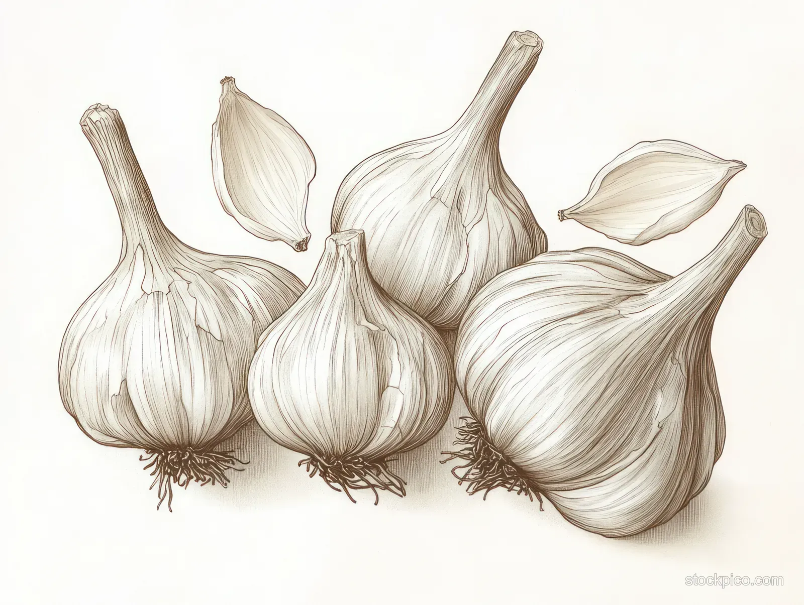 Five garlic bulbs and three cloves are illustrated on a white background with visible textured skin and roots.