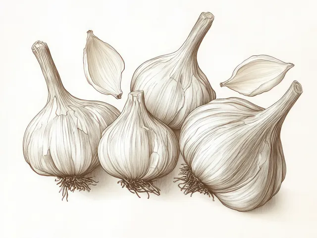 Five garlic bulbs with three cloves laid on white, textured skin and roots
