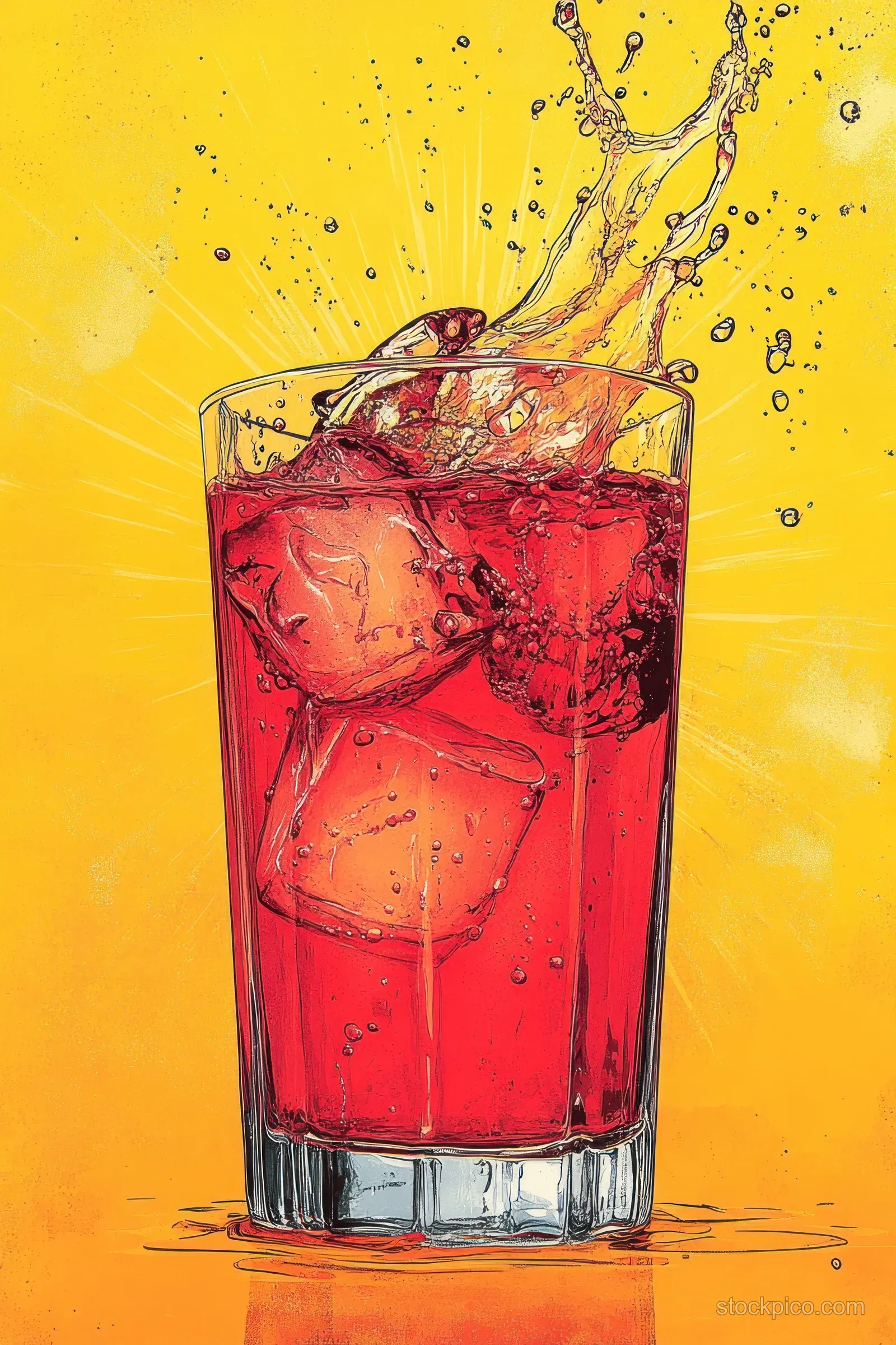 A tall glass of pink soda with splashing bubbles sits against a bright sunburst pop art background.
