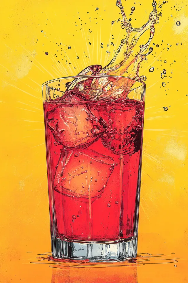A tall glass of pink soda with splashing bubbles sits against a bright sunburst pop art background.