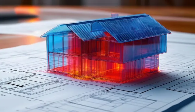 Transparent glass-like 3D house model with red and blue glow sits over architectural blueprint drawings.