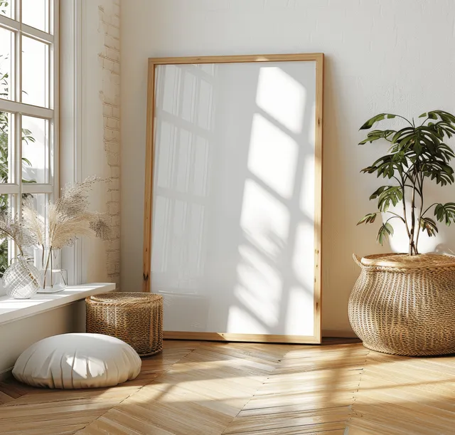 Blank wooden poster frame leaning on a wall in a bright Scandinavian living room with rattan decor and potted plant.