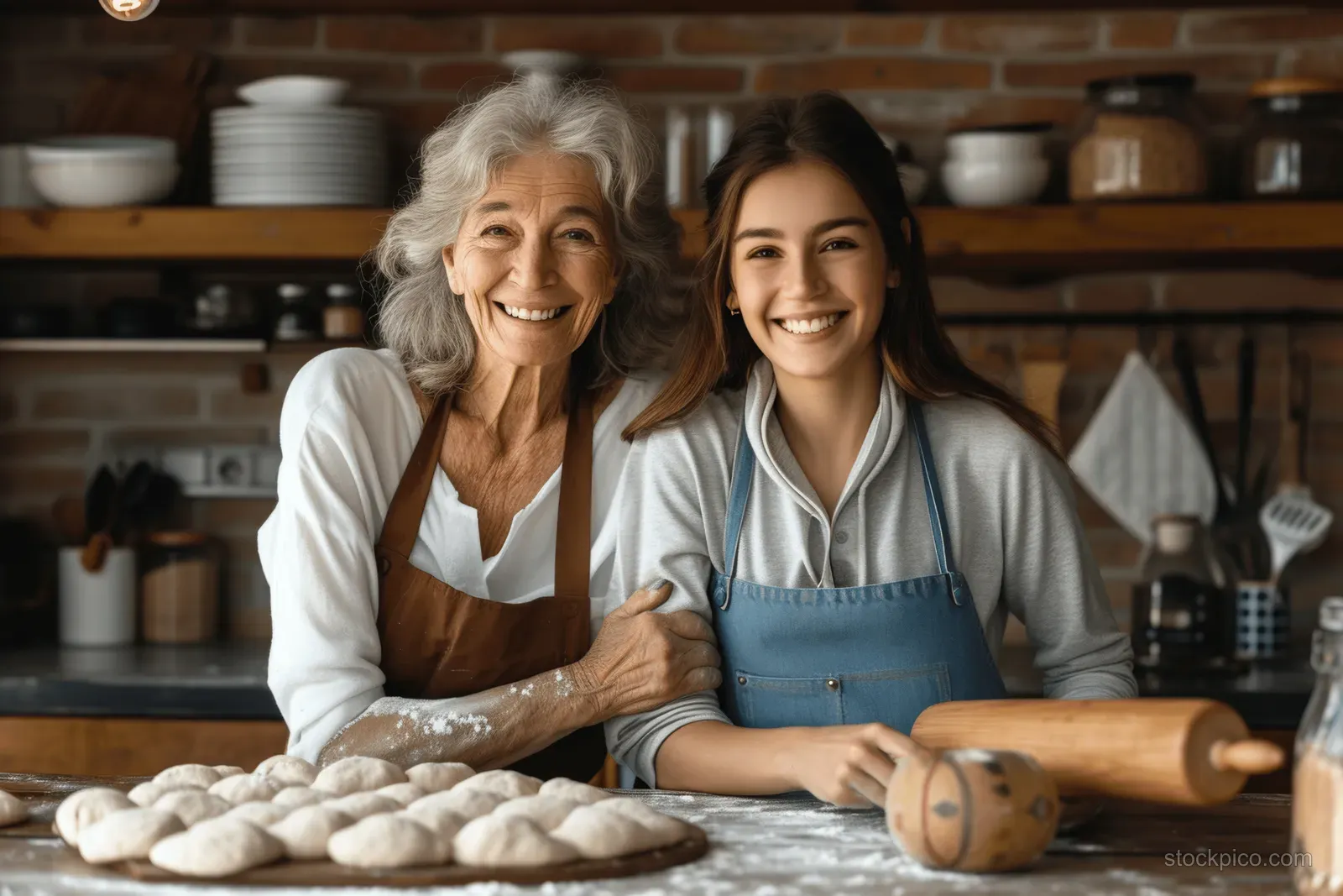 A smiling grandmother and granddaughter embrace while rolling dough on a flour-covered kitchen counter.