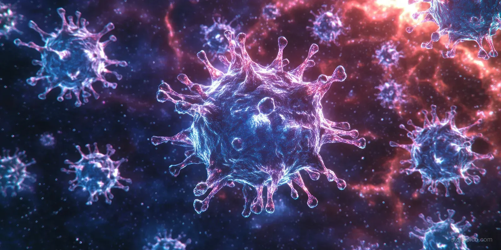 Blue and purple virus-like particles with spike shapes float against a glowing red and dark background.