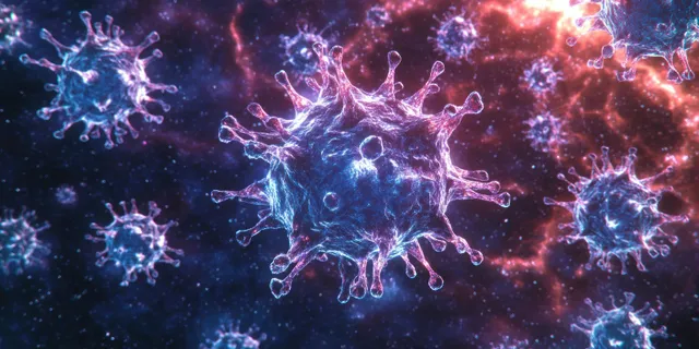 Blue and purple virus-like particles with spike shapes float against a glowing red and dark background.