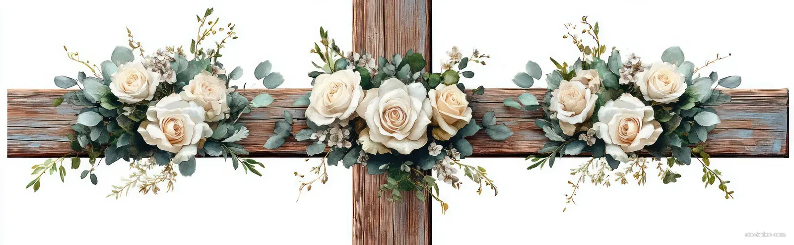Rustic wooden cross decorated with clusters of white and cream roses and eucalyptus greenery.