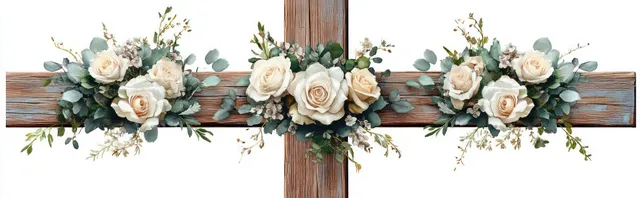Wooden cross decorated with white and cream rose clusters, eucalyptus greenery, and small wildflowers