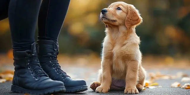 Curious golden retriever puppy sits on sidewalk while black boots kneel nearby in autumn