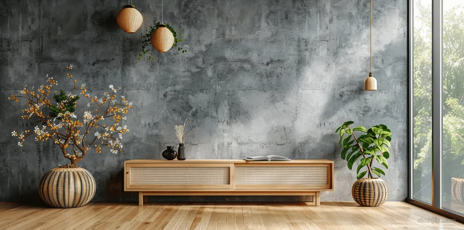Grey concrete wall with a wooden cabinet, rattan accents, wall-mounted TV, and minimalist lounge seating.