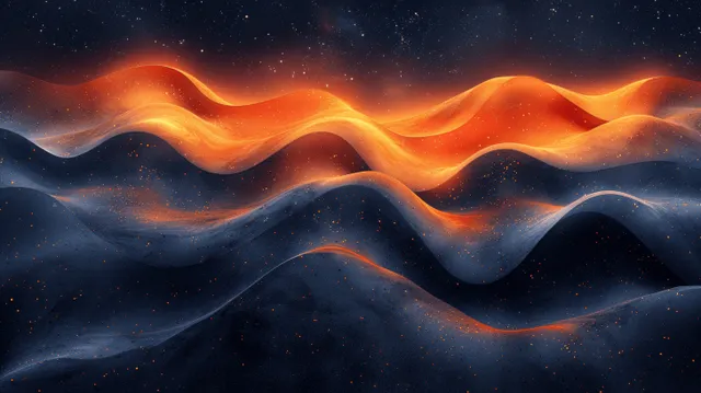 Glowing orange and teal wave ridges ripple across a black abstract night background.