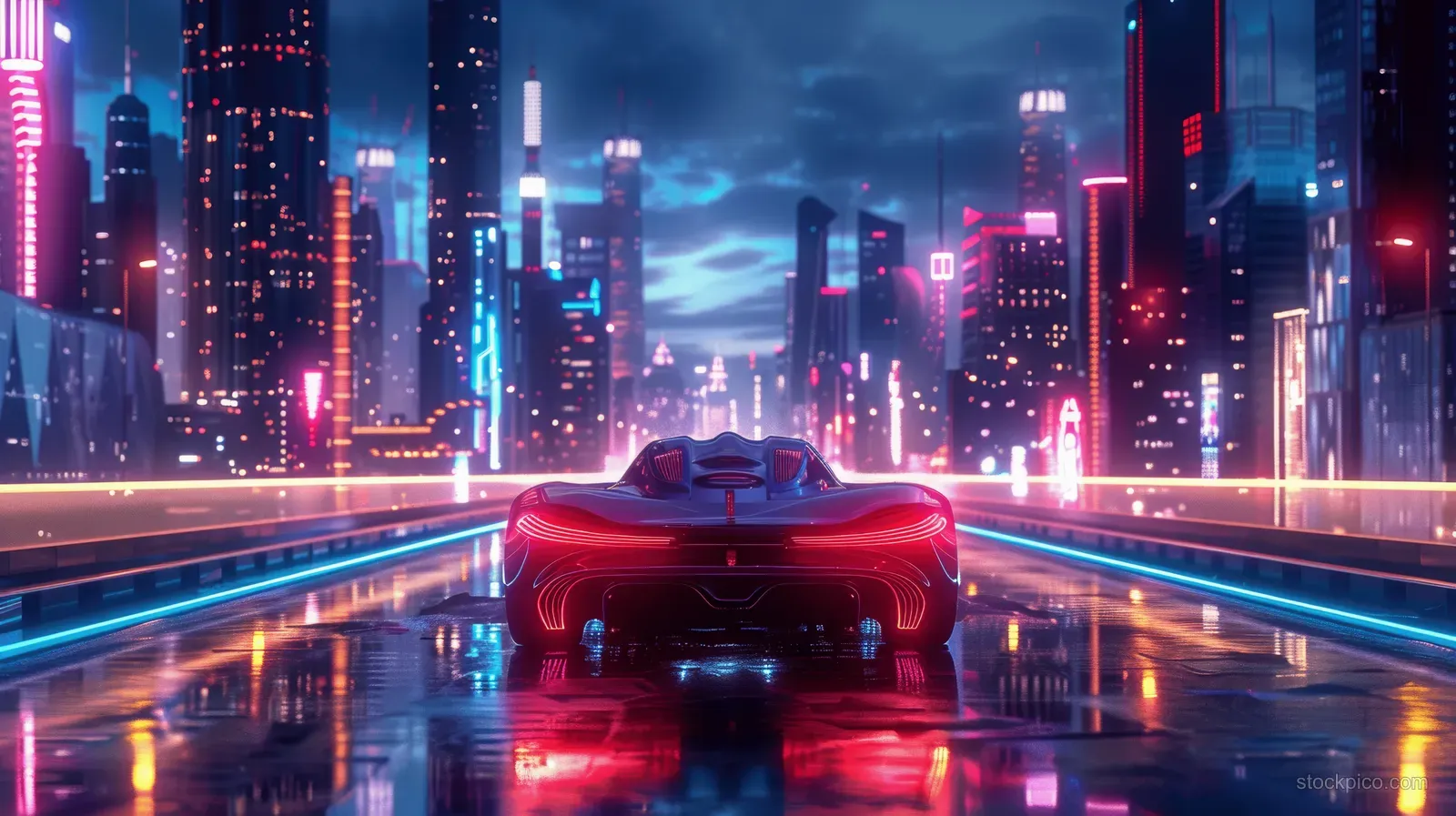 Neon electric sports car speeding through a futuristic city at night, leaving blue and red light trails on a wet road.