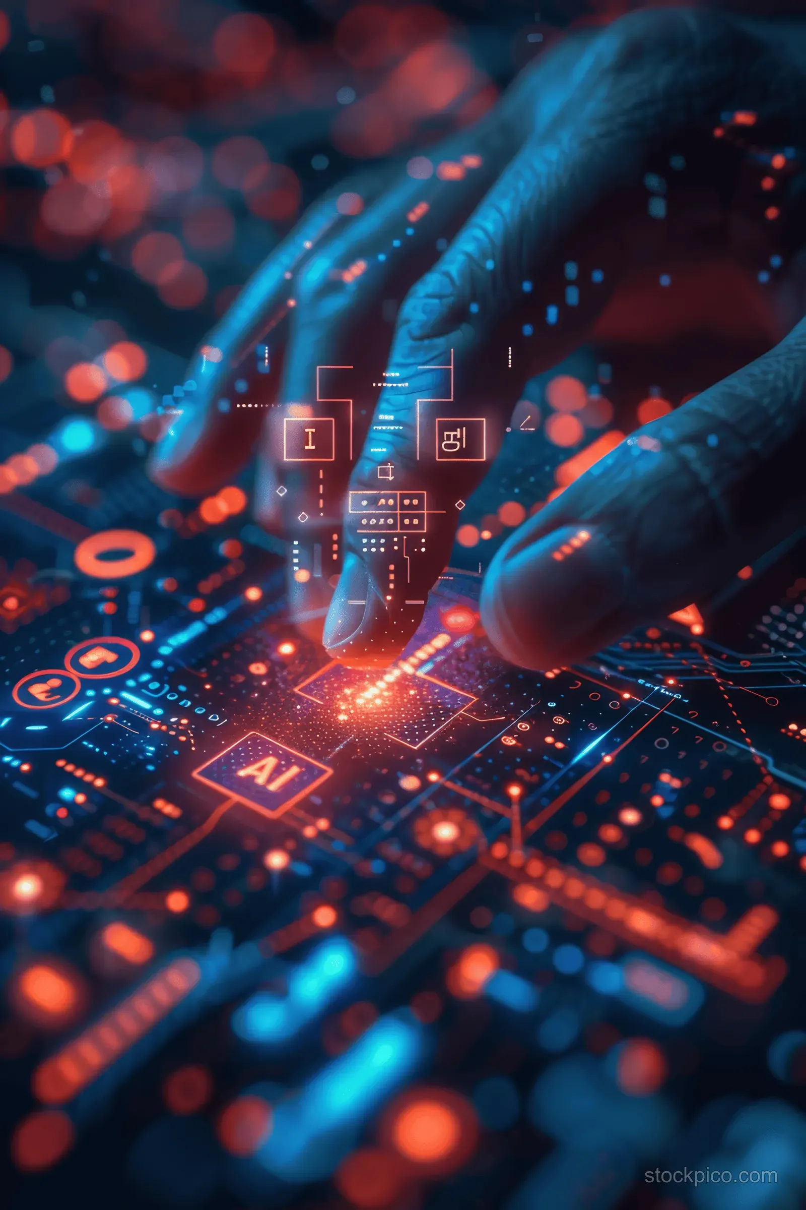 Glowing AI network nodes and interface icons float over a blurred digital data background.
