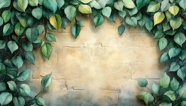 Green watercolor leaves hang in a frame over an aged brick wall background.