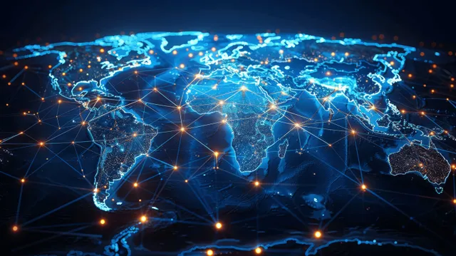 Futuristic globe map showing glowing network connections and data transfer lines