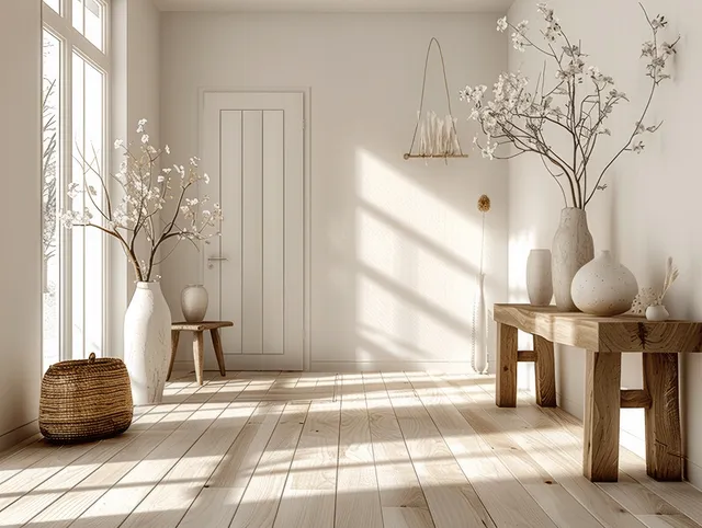 Minimalist entrance hall with white walls, a wooden console table, and sunlit vases and branches by a window.