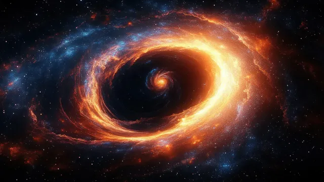 Glowing spiral galaxy with fiery orange and blue star streams swirling around a dark core
