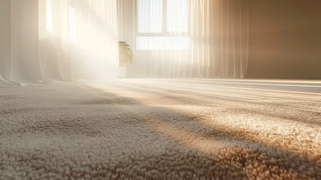 Cream carpet in an empty room with sunlight streaming through sheer curtains.