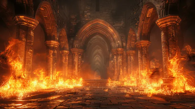 Dark medieval castle corridor with blazing torches, arched doorways, and stone columns in smoky firelight.