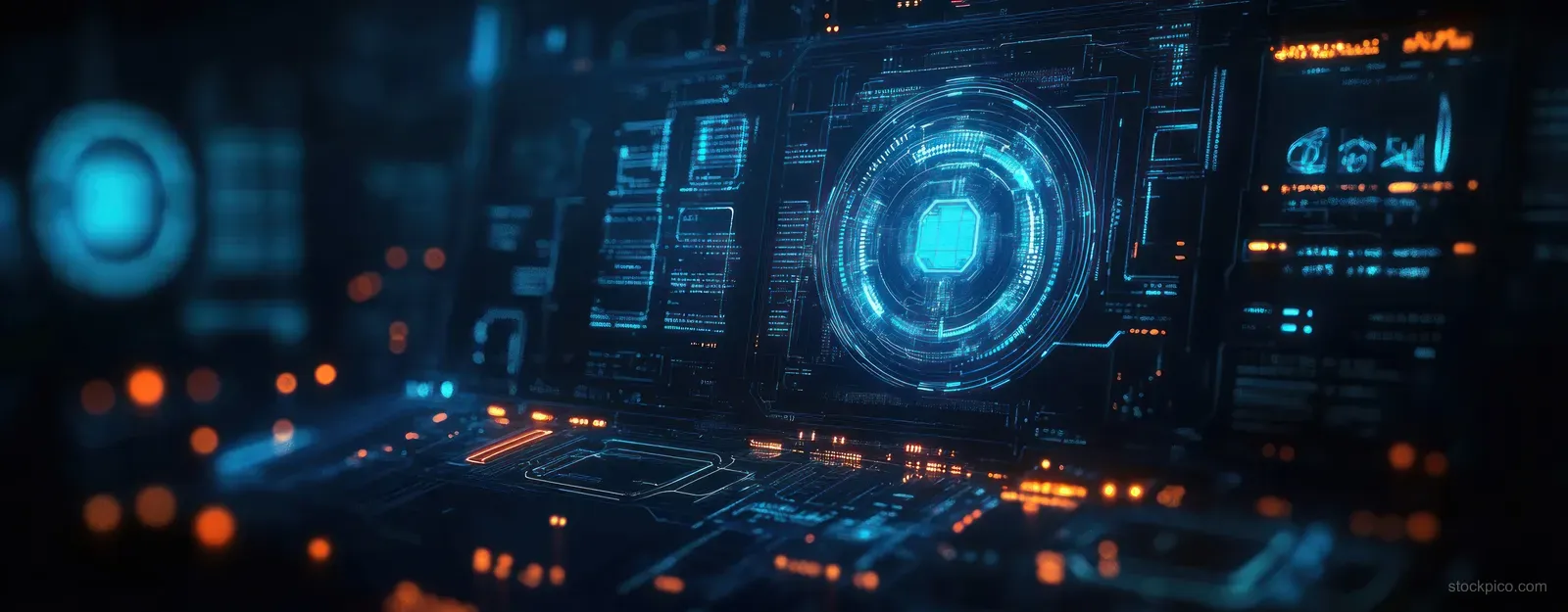 Neon holographic HUD panels show glowing charts and data streams in a dark futuristic control room.