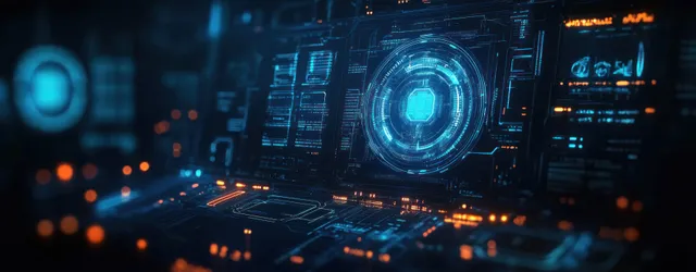 Cyberpunk holographic HUD with glowing data charts and AI security analytics panel