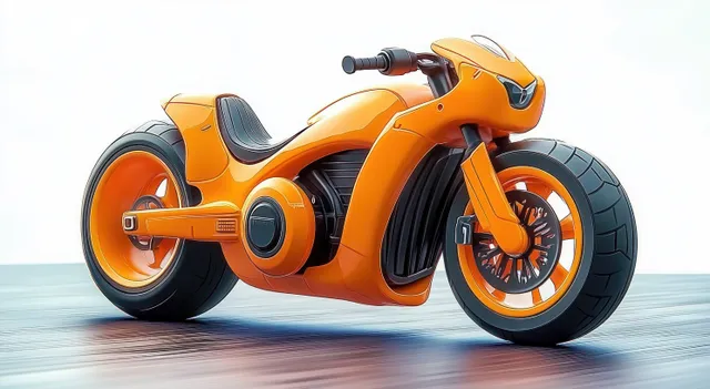 Orange futuristic motorcycle with wide tires parked on a smooth floor, showing glossy body and front headlight.
