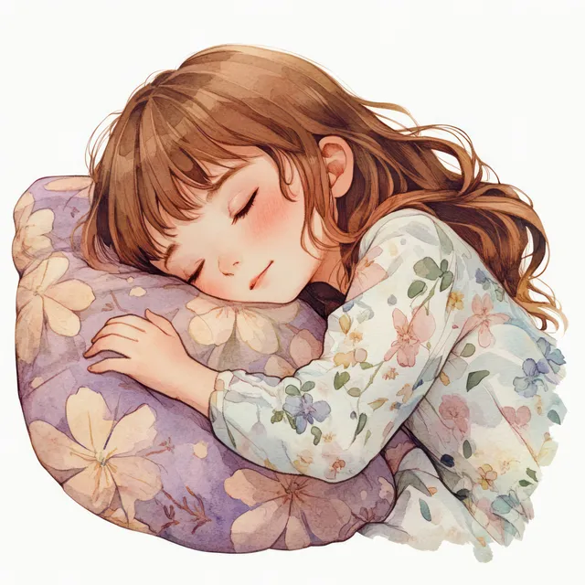 Young girl peacefully sleeping with closed eyes, hugging a floral patterned pillow and wearing a floral nightgown.