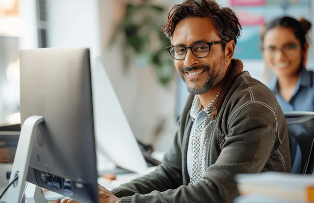 Smiling businessman with glasses reviews content on dual computer monitors at his office desk.