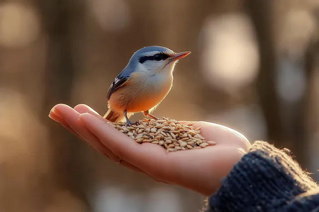 Small bird perched on a human hand feeding on seeds in warm soft light