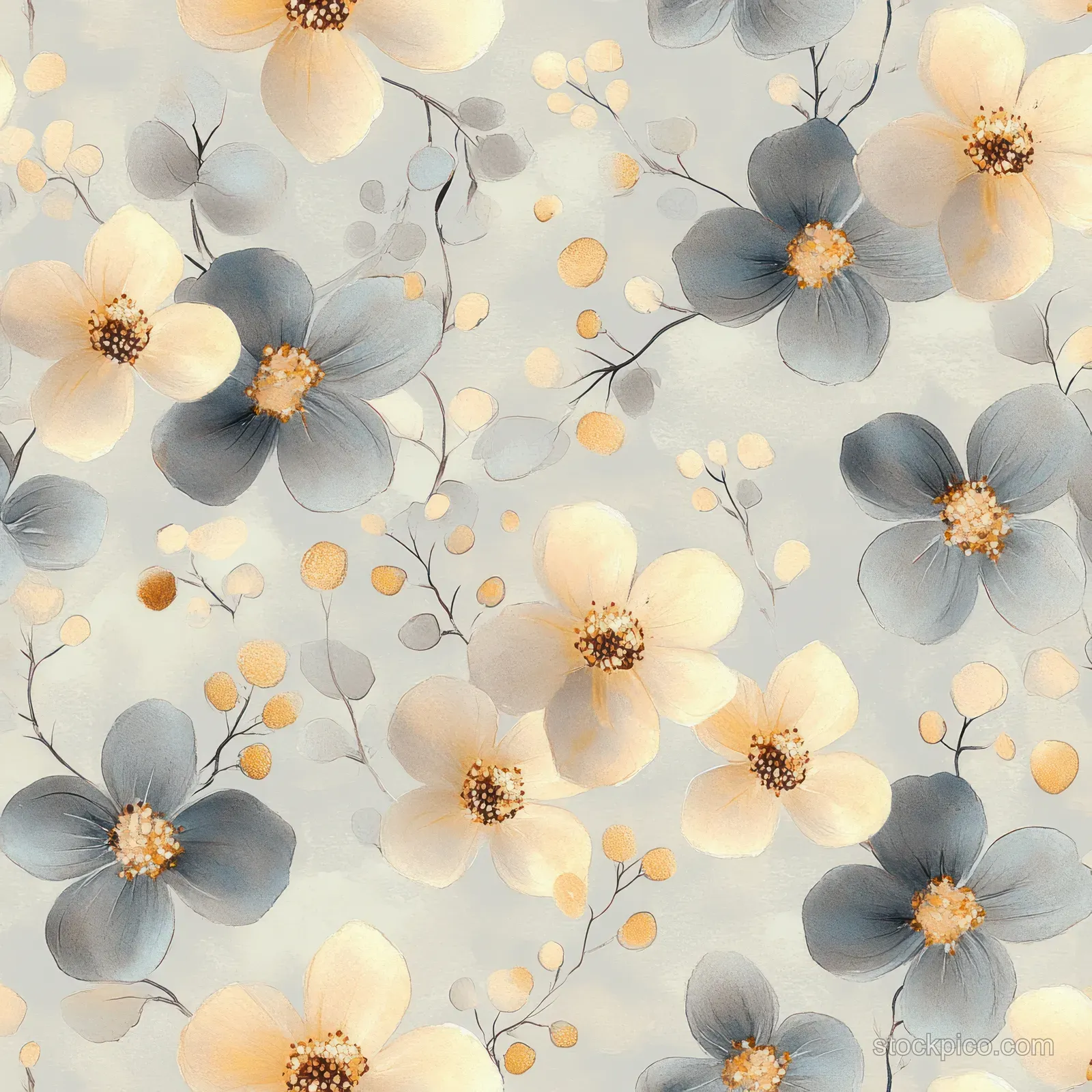 Watercolor gray and gold flowers with delicate leaves on a beige seamless background.