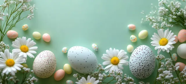 Colorful speckled Easter eggs and white daisies on a soft green spring backdrop