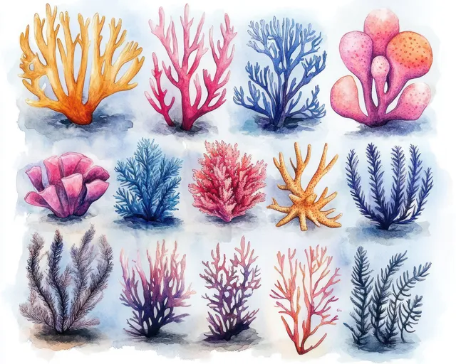 Watercolor coral reef plants collection with seaweed, shells, and soft pastel sea light