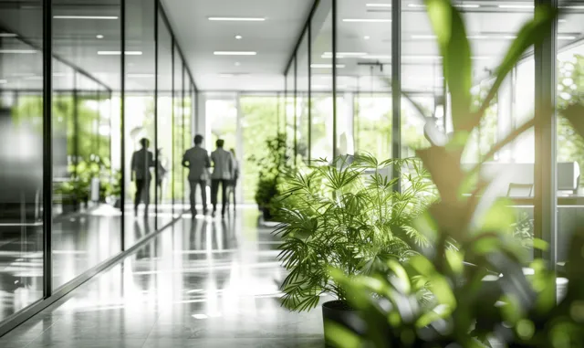 Business people walk through a glass-walled office corridor with green plants and sunlit floors.