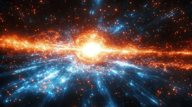 Fiery orange cosmic explosion with blue radial light streaks and glowing particles over a deep star field.