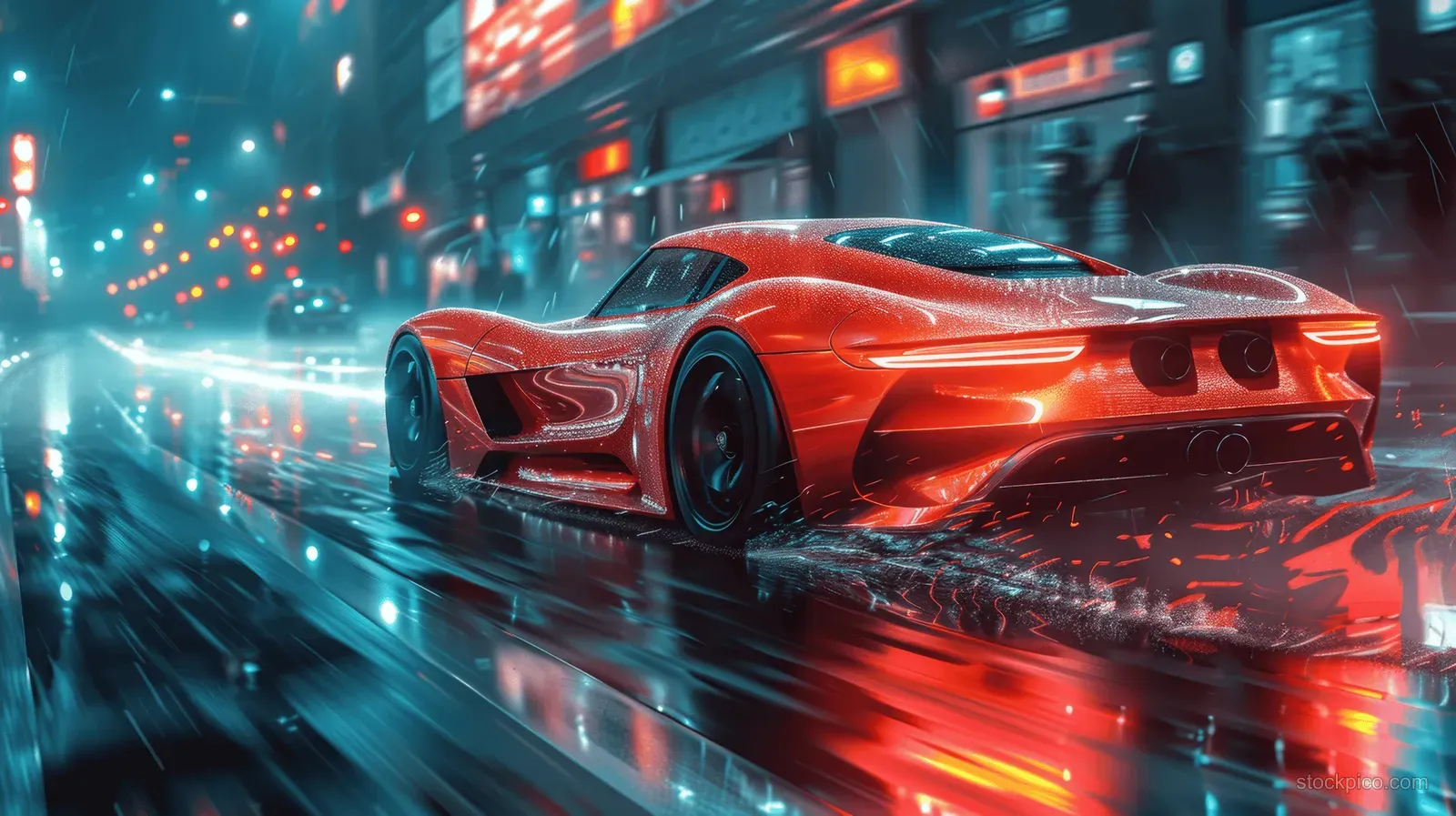 Red futuristic sports car races down a neon night street with glowing holographic HUD data overlays.
